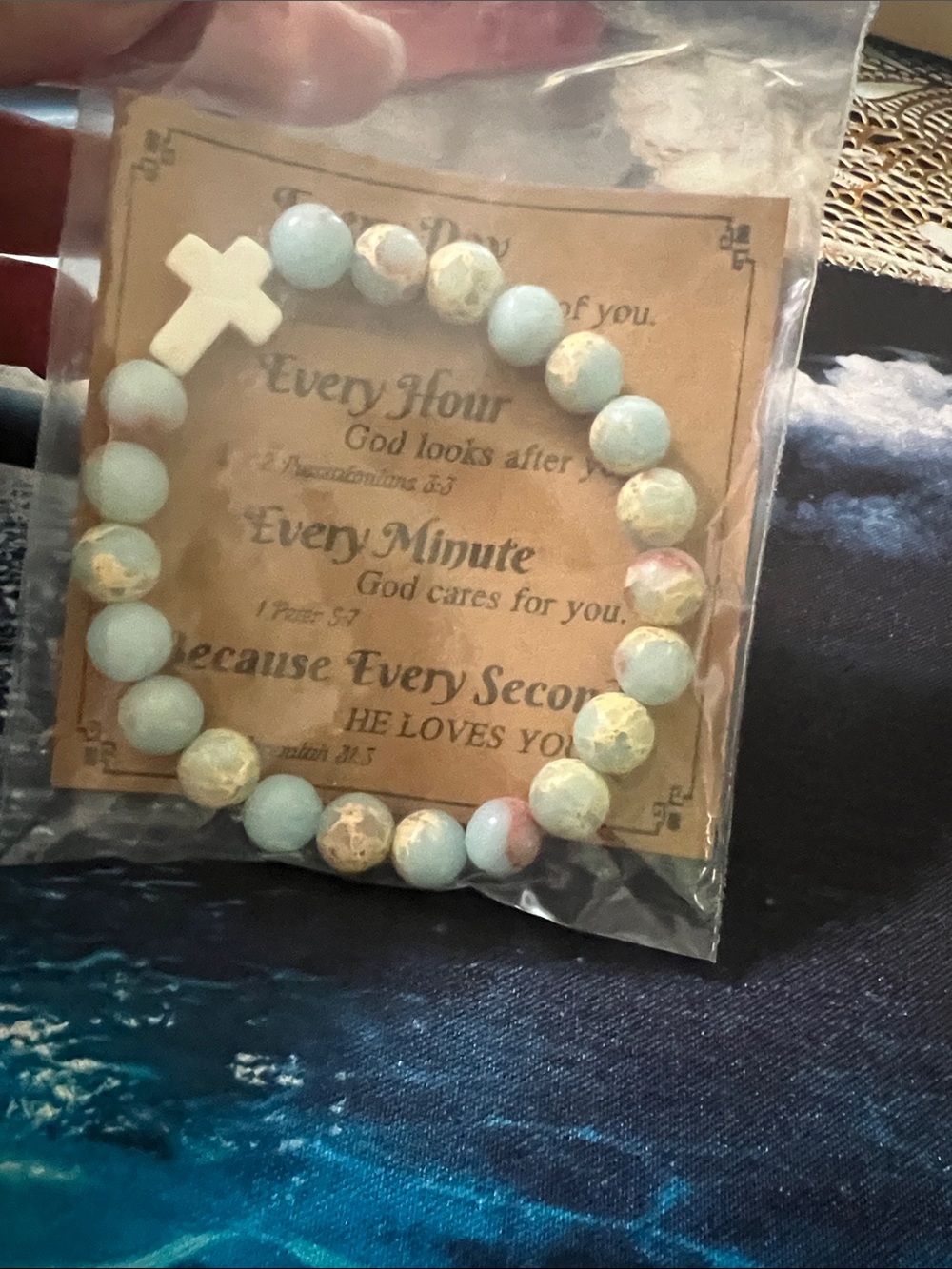 #2642**Handcrafted Light Blue Gemstone Stretch Bracelet with White Cross - Picture 7 of 17